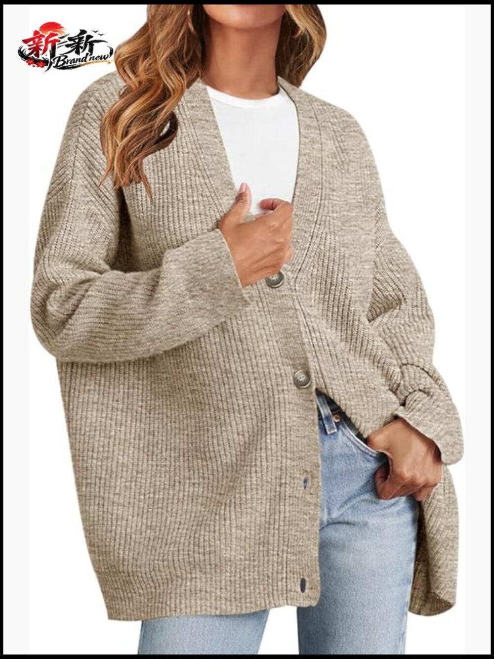 Open Front V Neck Cardigan Sweater Oversized Soft Knit Long Sleeve Button Down